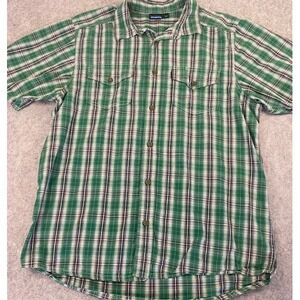 KAVU Mens Green‎ Plaid Short Sleeve Button Up Shirt Size Large